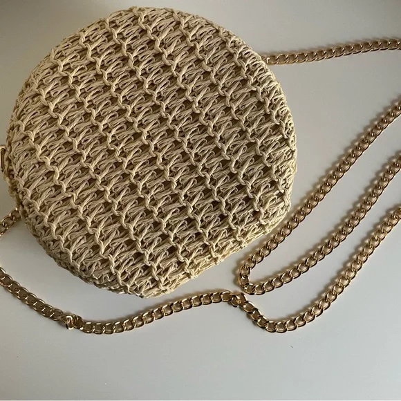 Haute Hippie Woven Raffia/Straw Crossbody Bag Gold Chain Strap - Picture 4 of 16